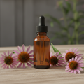 Echinacea tinctuur in amber glazen flesje zonder label met verse echinacea bloemen