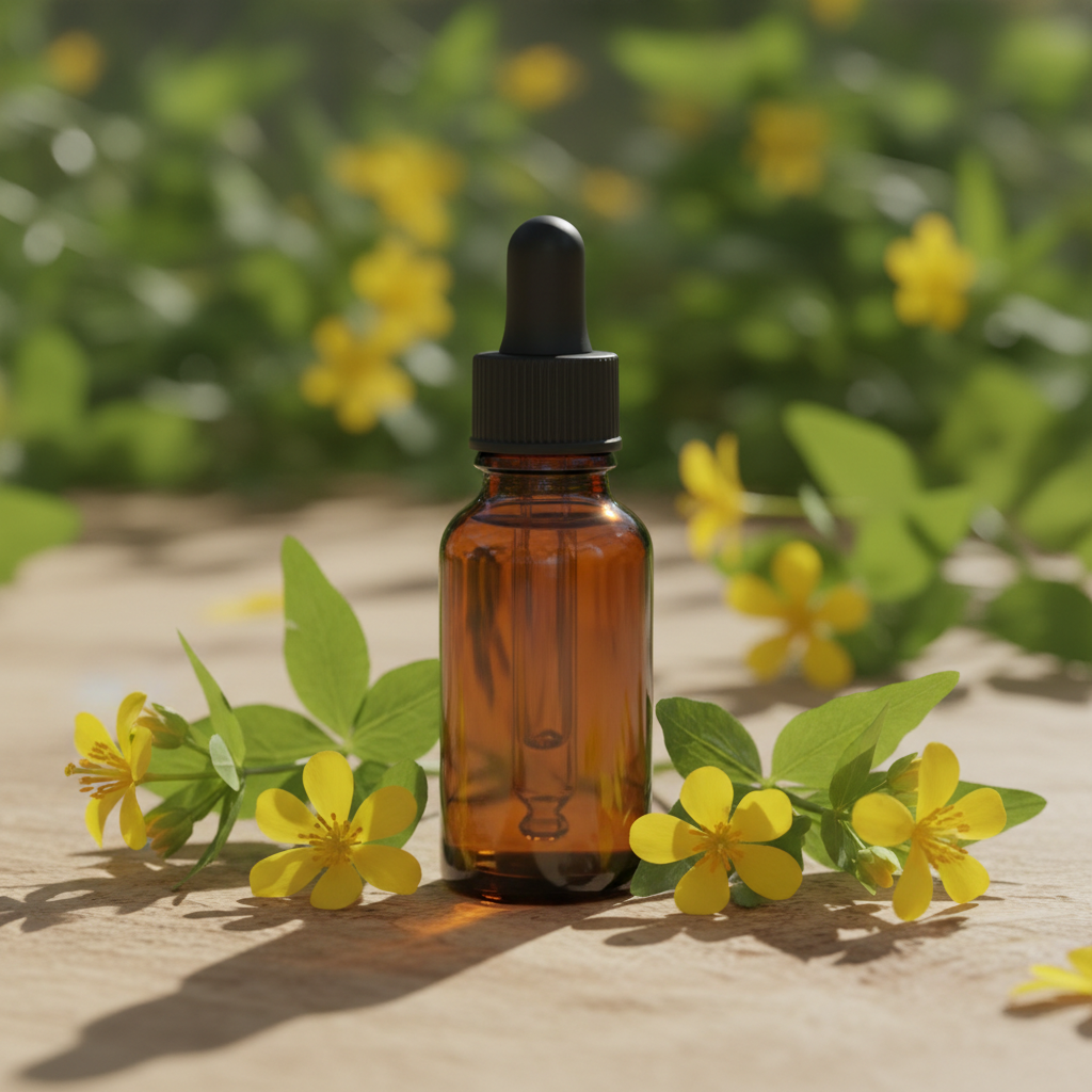 Stikende Gouwe tinctuur in amber glazen flesje zonder label met verse stikende gouwe bloemen