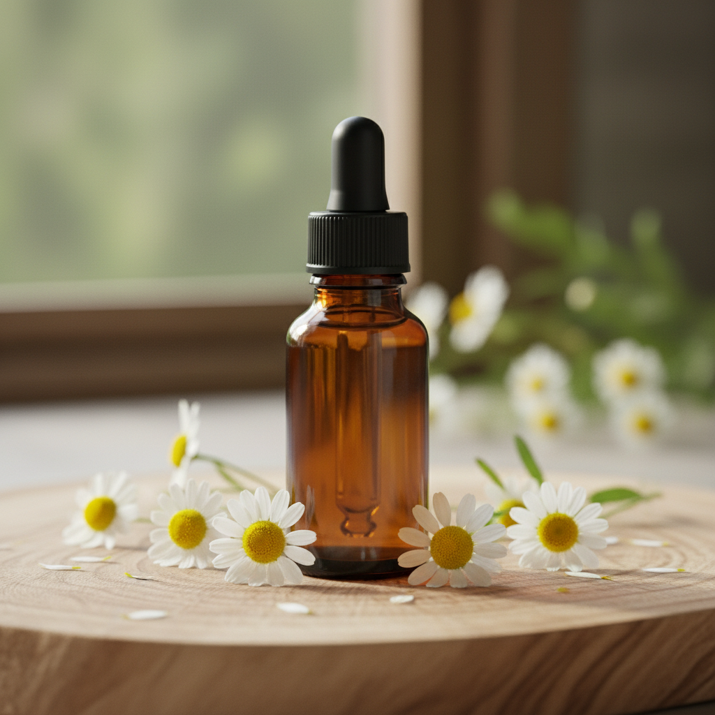 Kamille tinctuur in amber glazen flesje zonder label met verse kamille bloemen