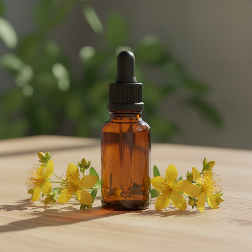 Sint Janskruid tinctuur in amber glazen flesje zonder label met verse sint janskruid bloemen