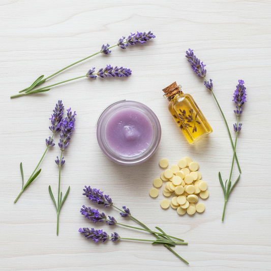 DIY lavendel zalf pakket met ingrediënten en instructies voor thuisworkshop