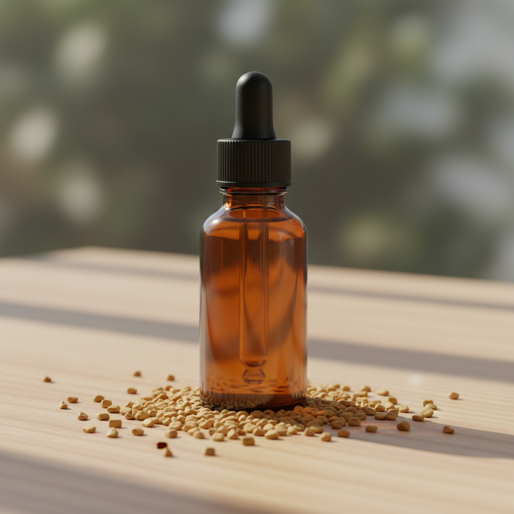 Fenegriekzaad tinctuur in amber glazen flesje zonder label met fenegriekzaden