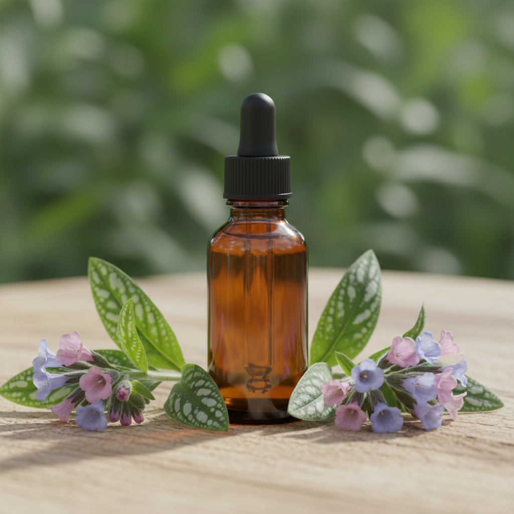 Longkruid tinctuur in amber glazen flesje zonder label met verse longkruid bladeren en bloemen