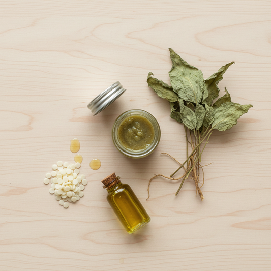 DIY smeerwortel zalf pakket met ingrediënten en instructies voor thuisworkshop