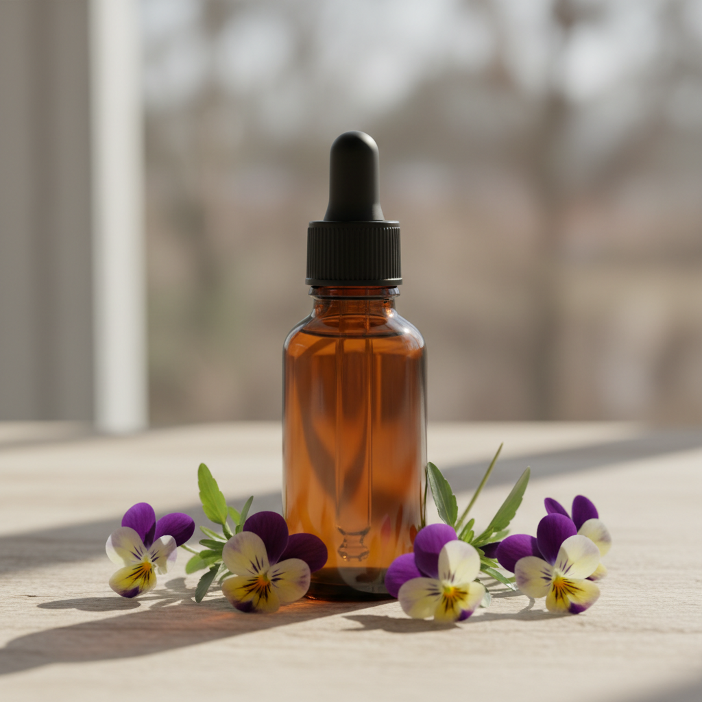 Driekleurig Viooltje tinctuur in amber glazen flesje zonder label met verse driekleurige viooltjes