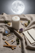 Maanrituelen gids voor beginners met kristallen, witte kaars, palo santo en notitieboekje op linnen ondergrond