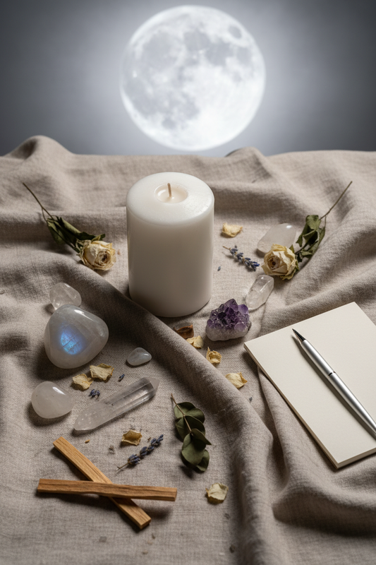 Maanrituelen gids voor beginners met kristallen, witte kaars, palo santo en notitieboekje op linnen ondergrond