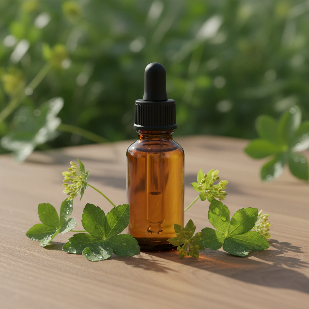 Vrouwenmantel tinctuur in amber glazen flesje zonder label met verse vrouwenmantel bladeren
