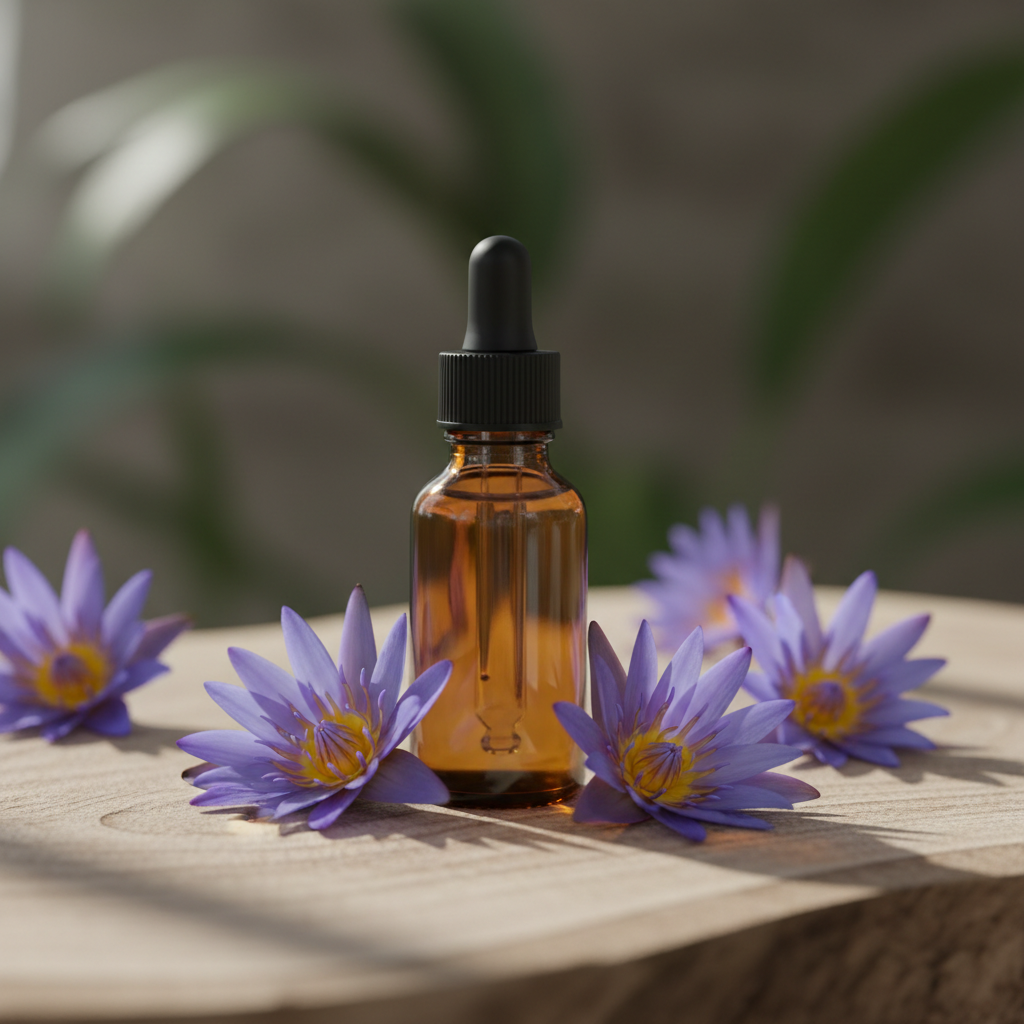 Blauwe Lotus tinctuur in amber glazen flesje zonder label met verse blauwe lotus bloemen