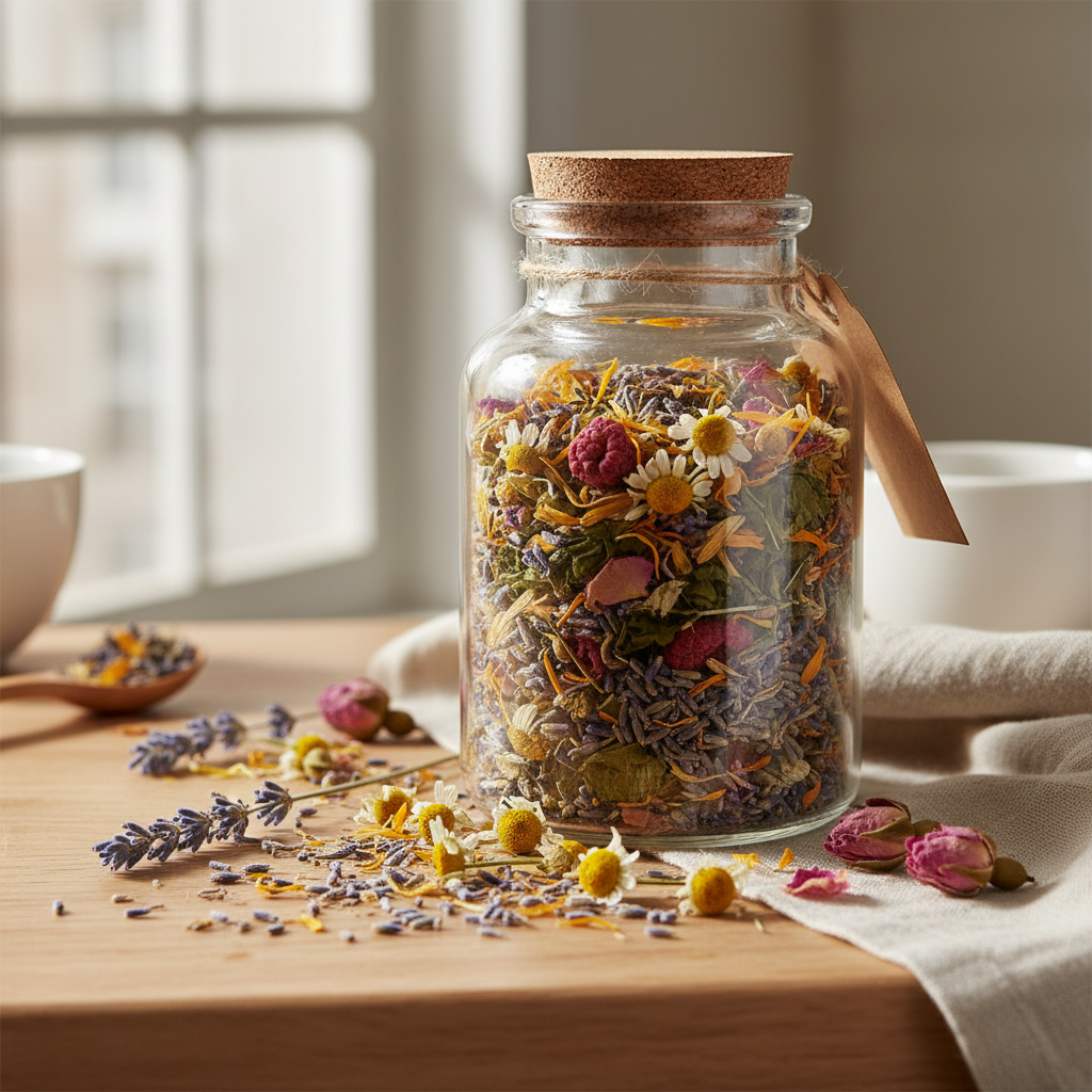 Bloementhee met lavendel, calendula, kamille, framboosblad en rozenblaadjes in glazen pot