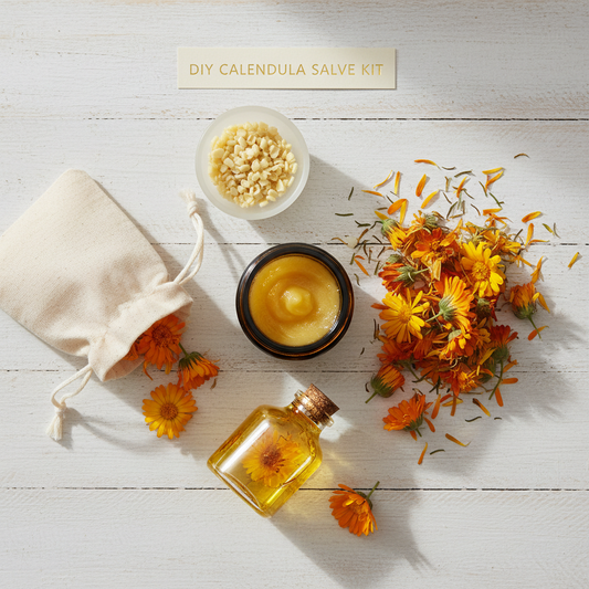 DIY calendula zalf pakket met ingrediënten en instructies voor thuisworkshop