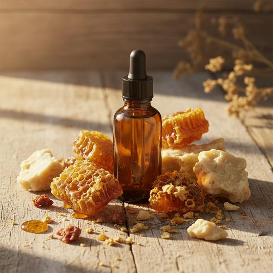 Amber glazen druppelflesje propolis tinctuur met rauwe propolis en bijenwas op houten ondergrond