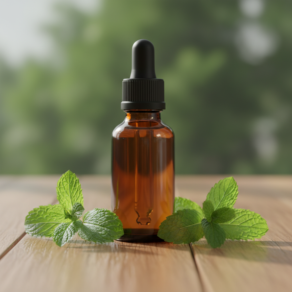 Munt tinctuur in amber glazen flesje zonder label met verse munt bladeren