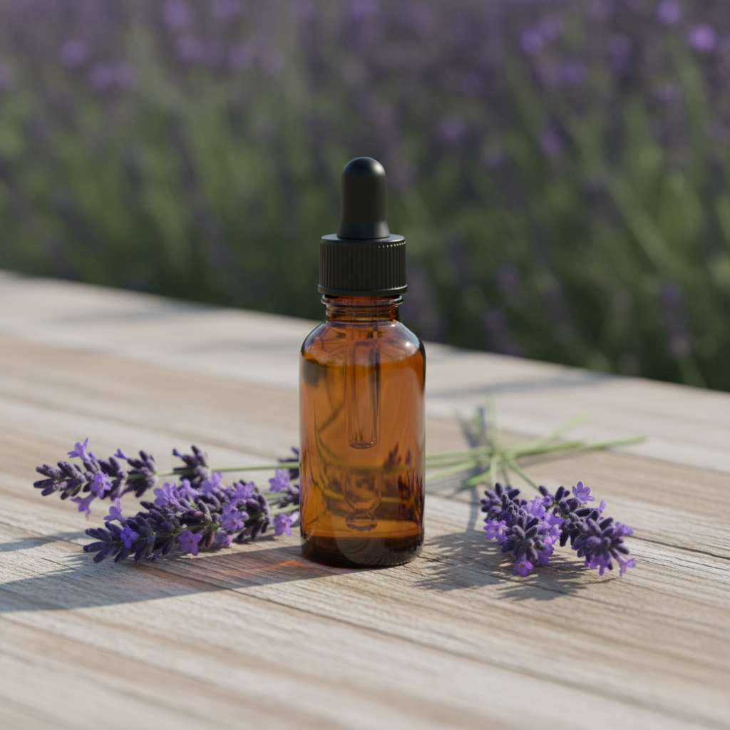 Lavendel tinctuur in amber glazen flesje zonder label met verse lavendel bloemen