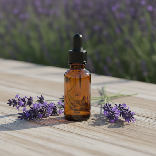 Flesje lavendel tinctuur met rustgevend bloemenetiket