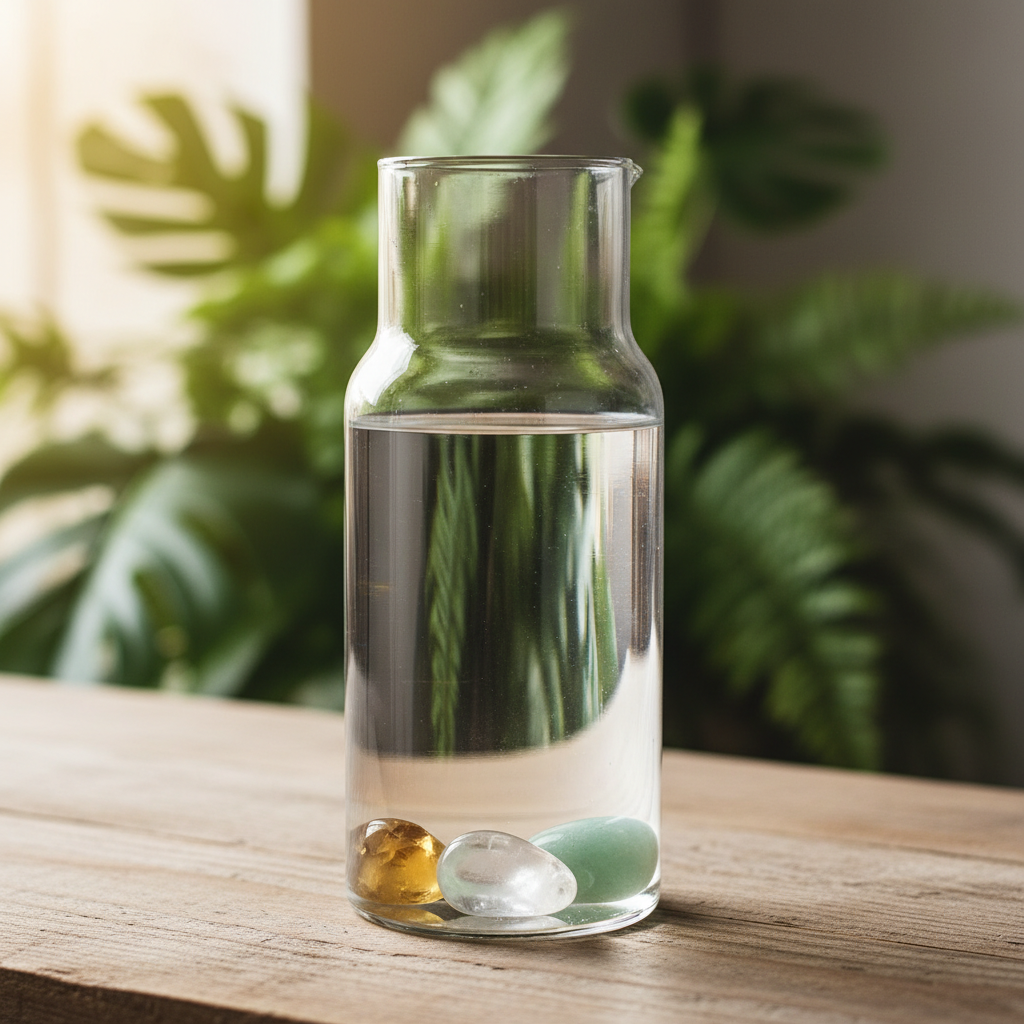 Energie & Focus Water Kristalset met citrijn, bergkristal en groene aventurijn trommelstenen in glazen karaf