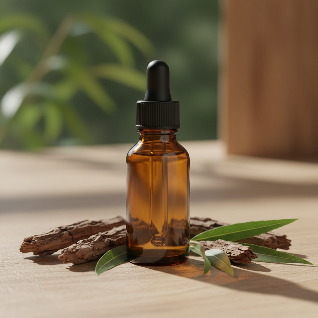 Wilgenbast tinctuur in amber glazen flesje zonder label met wilgenbast stukken