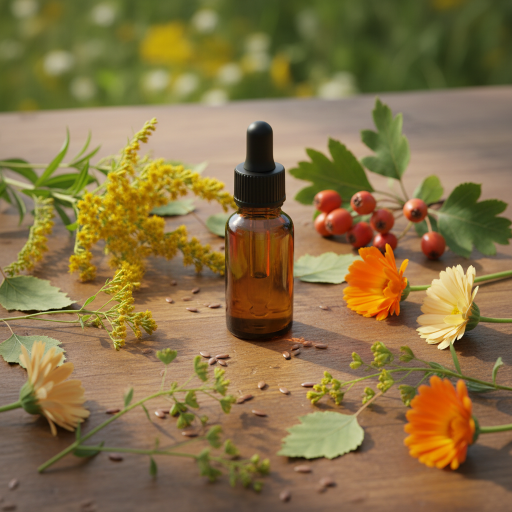 Blaas | Nier tinctuur in amber glazen flesje zonder label met verse kruiden