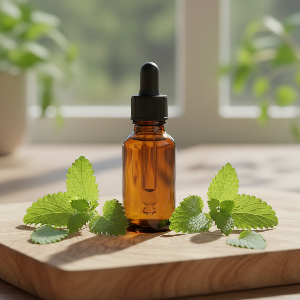 Citroenmelisse tinctuur in amber glazen flesje zonder label met verse citroenmelisse bladeren