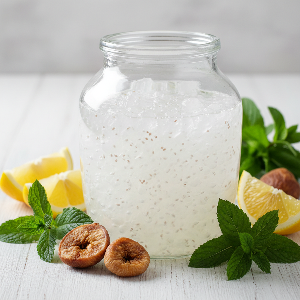 Verse waterkefir korrels in glazen pot - Levende culturen voor probiotische drank