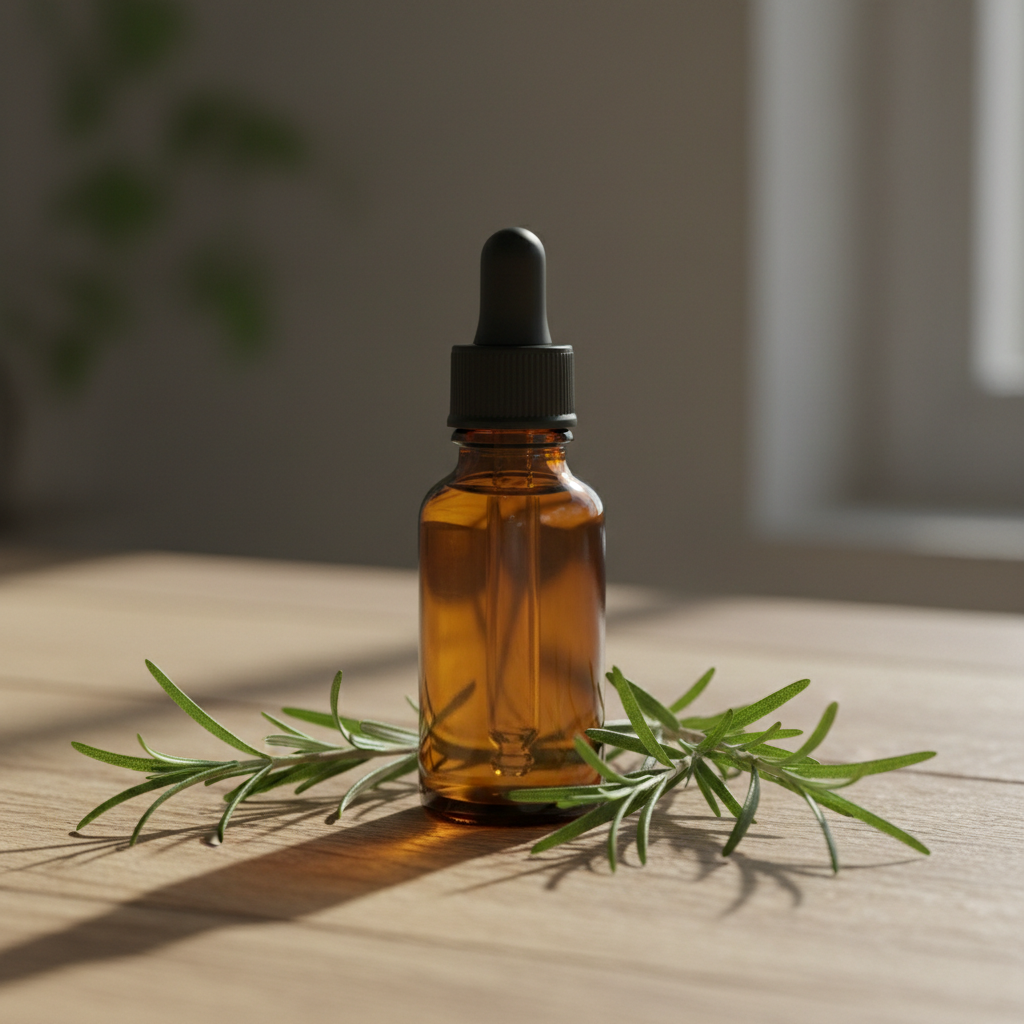 Rozemarijn tinctuur in amber glazen flesje zonder label met verse rozemarijn takjes