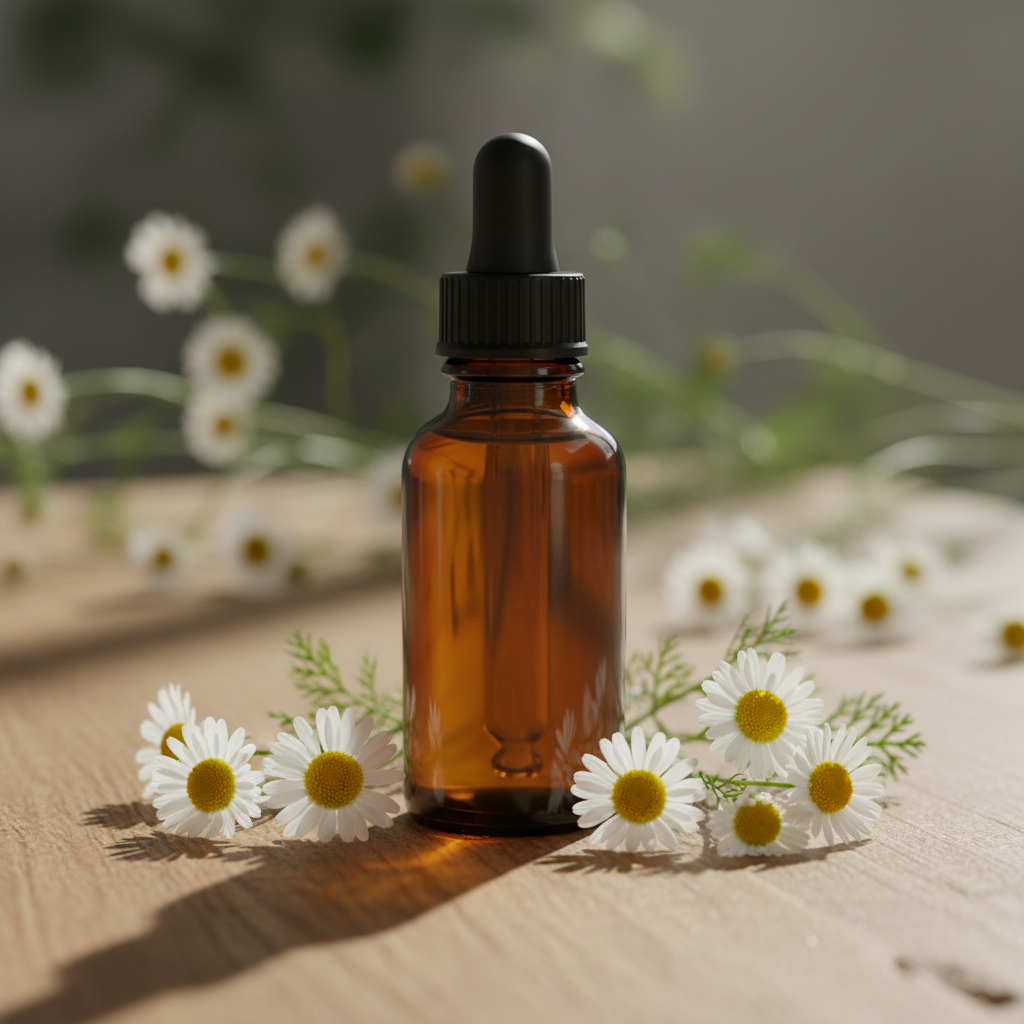 Moederkruid tinctuur in amber glazen flesje zonder label met verse moederkruid bloemen