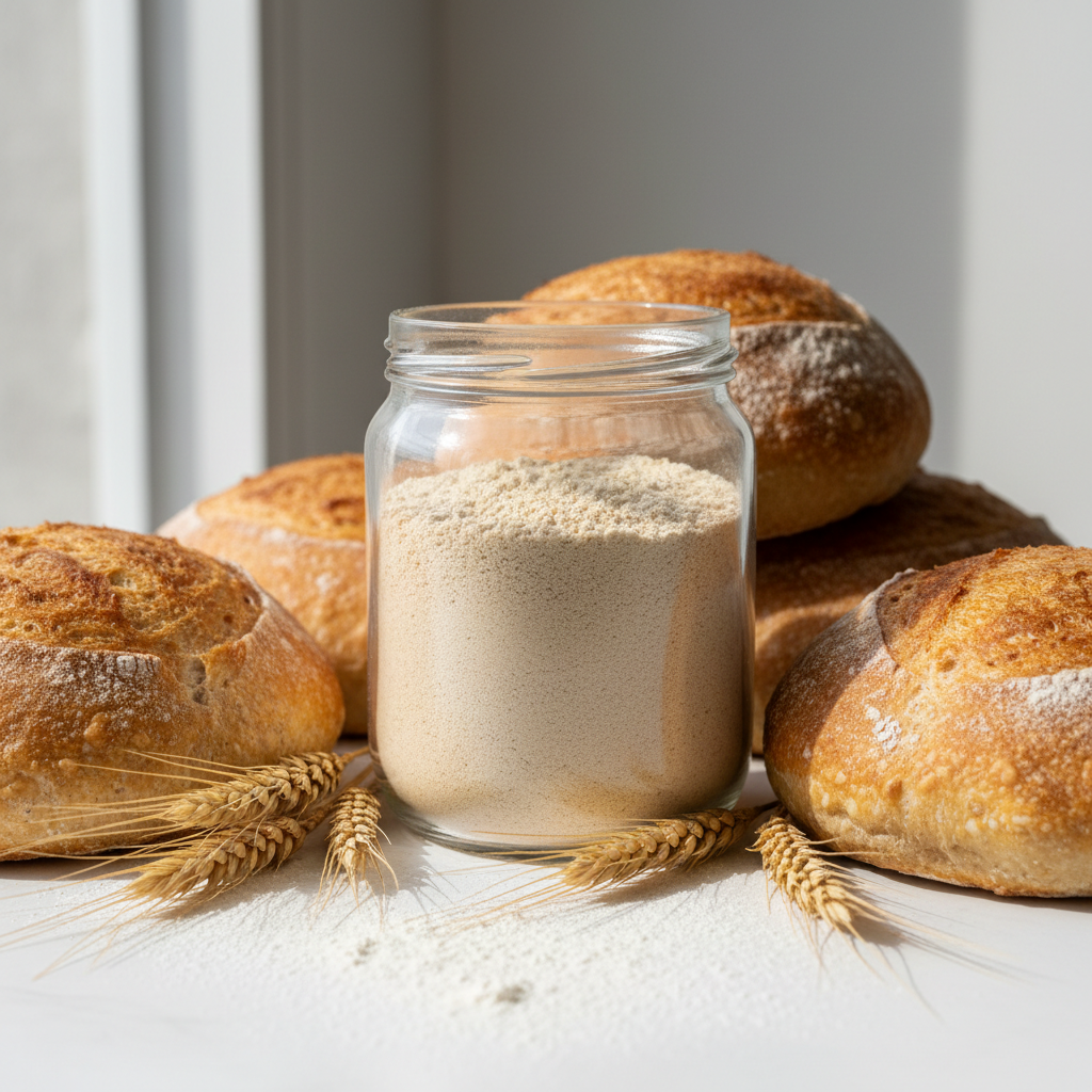 Gedroogde zuurdesem starter in glazen pot - Levende cultuur voor ambachtelijk brood