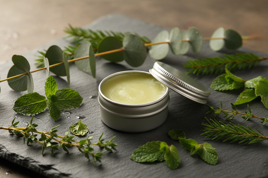 Handgemaakte luchtwegen balsem in aluminium blikje met eucalyptus en munt