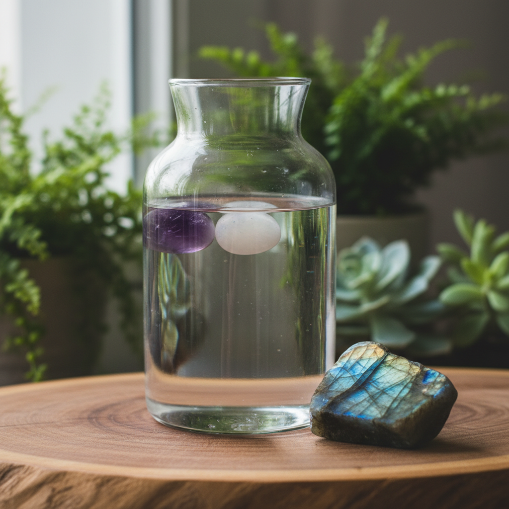 Intuïtie & Spiritualiteit Water Kristalset met amethist en maansteen in karaf, labradoriet ernaast