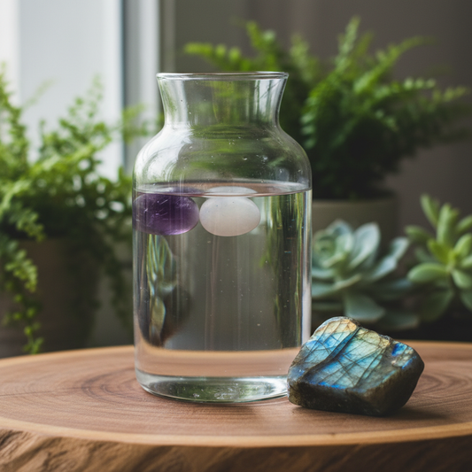 Intuïtie & Spiritualiteit Water Kristalset met amethist en maansteen in karaf, labradoriet ernaast