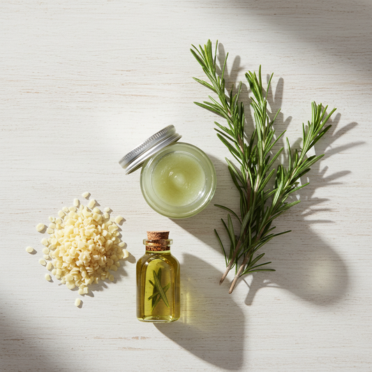 DIY rozemarijn zalf pakket met ingrediënten en instructies voor thuisworkshop