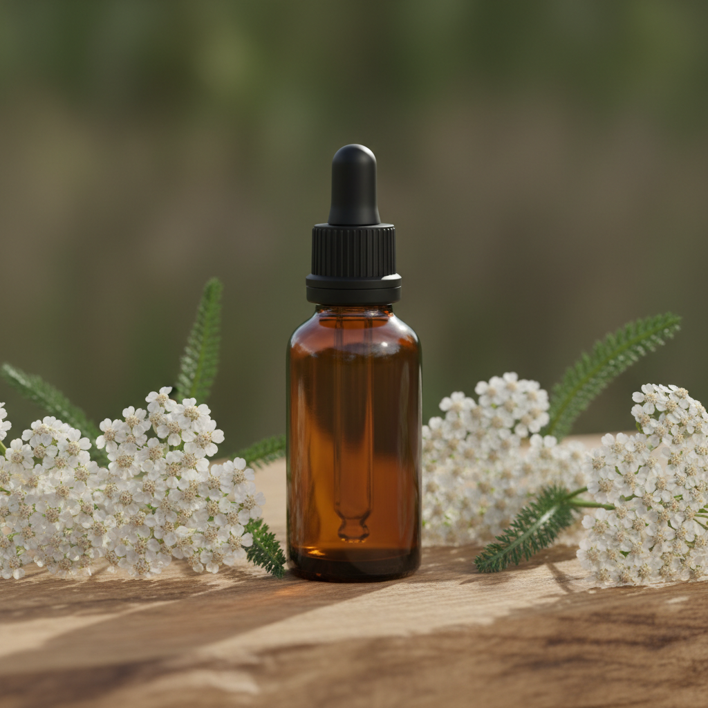 Duizendblad tinctuur in amber glazen flesje zonder label met verse duizendblad bloemen