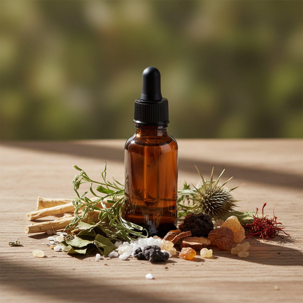 Zweedse Kruiden tinctuur in amber glazen flesje zonder label met traditionele kruiden