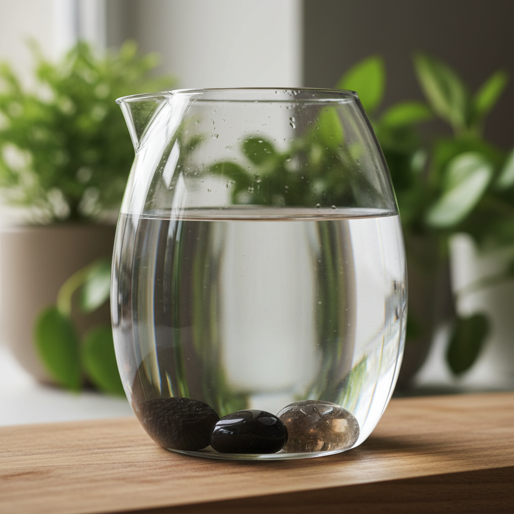 Beschermingsset Water Kristalset met donkere trommelstenen in glazen waterkaraf