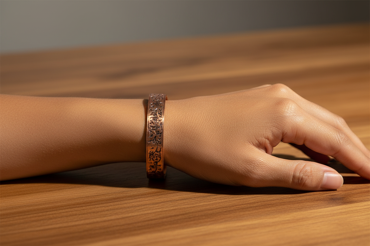 Koperen armband bladmotief aan pols