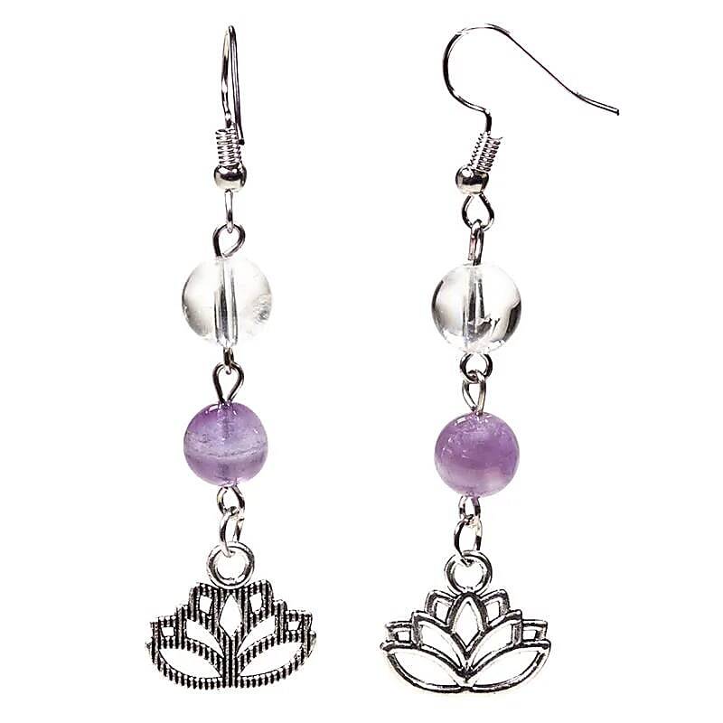 Oorbellen met lotus, chevron amethist en bergkristal