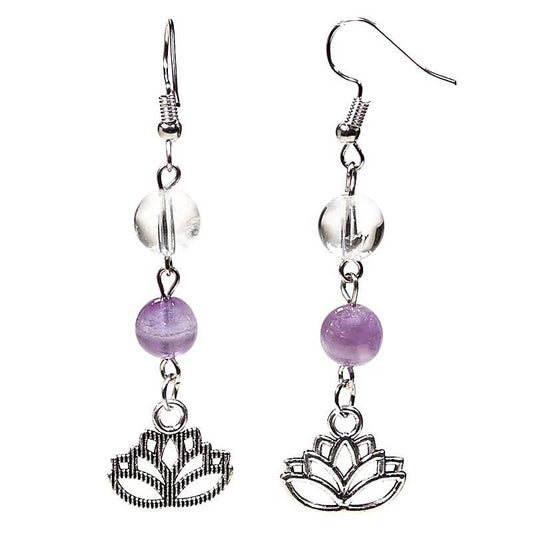 Oorbellen met lotus, chevron amethist en bergkristal