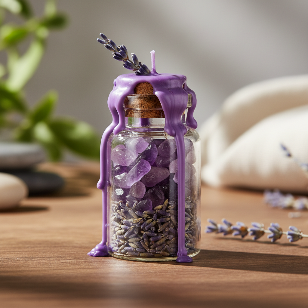 Handgemaakte spelljar gevuld met amethist chips en lavendel, afgesloten met paars kaarsvet over de kurk 
