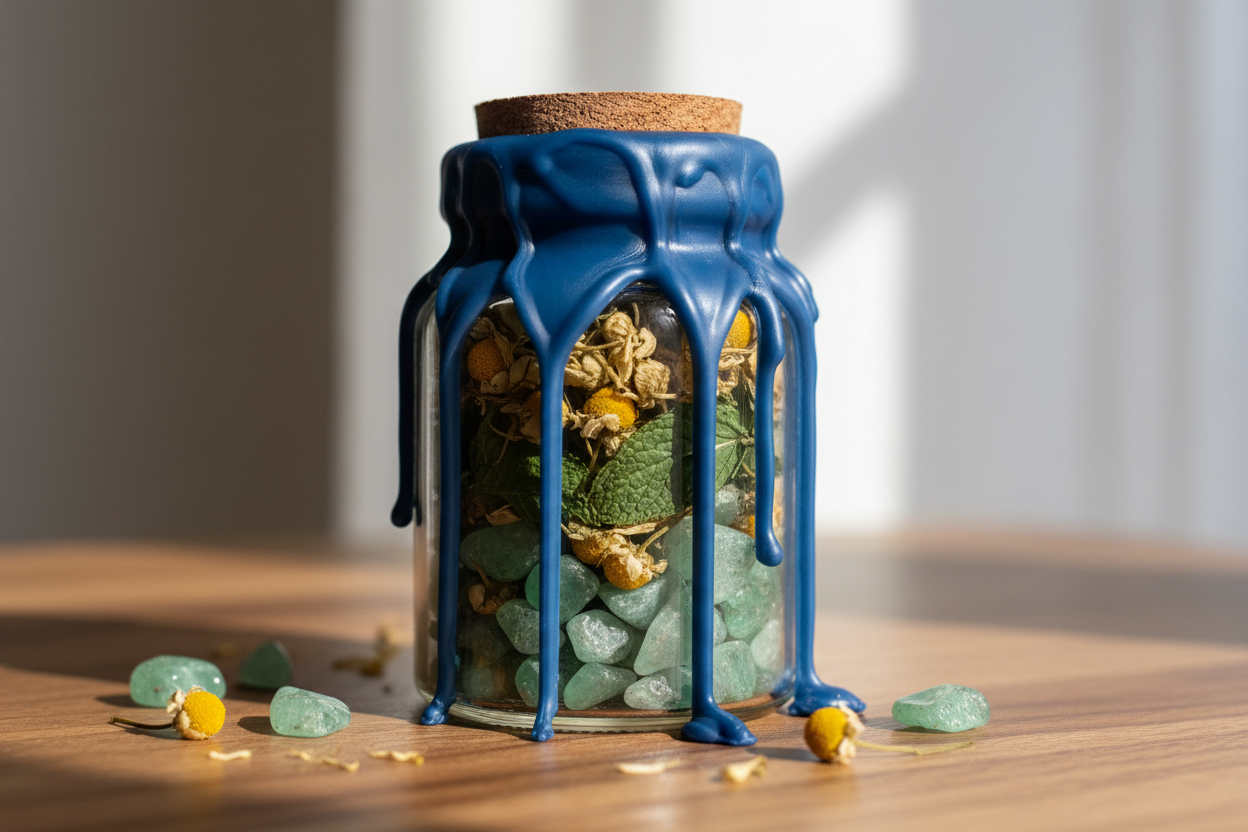 Handgemaakte spelljar gevuld met groene aventurijn chips, gedroogde kamille en munt, afgesloten met groene kaarsvet over de kurk 