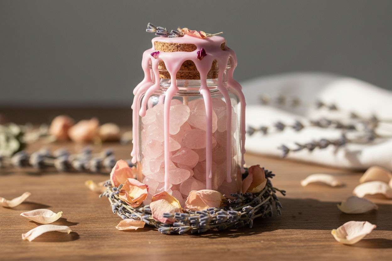 Handgemaakte spelljar gevuld met rozenkwarts chips, lavendel en rozenblaadjes, afgesloten met roze kaarsvet over de kurk 