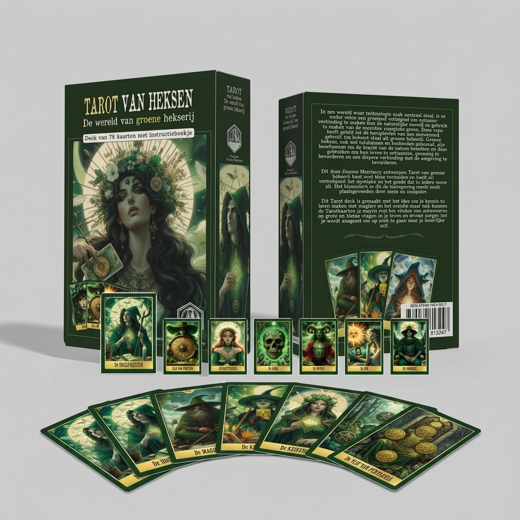 Voorzijde en achterzijde van Tarot van heksen, De wereld van groene hekserij, met een selectie groen geïllustreerde tarotkaarten.