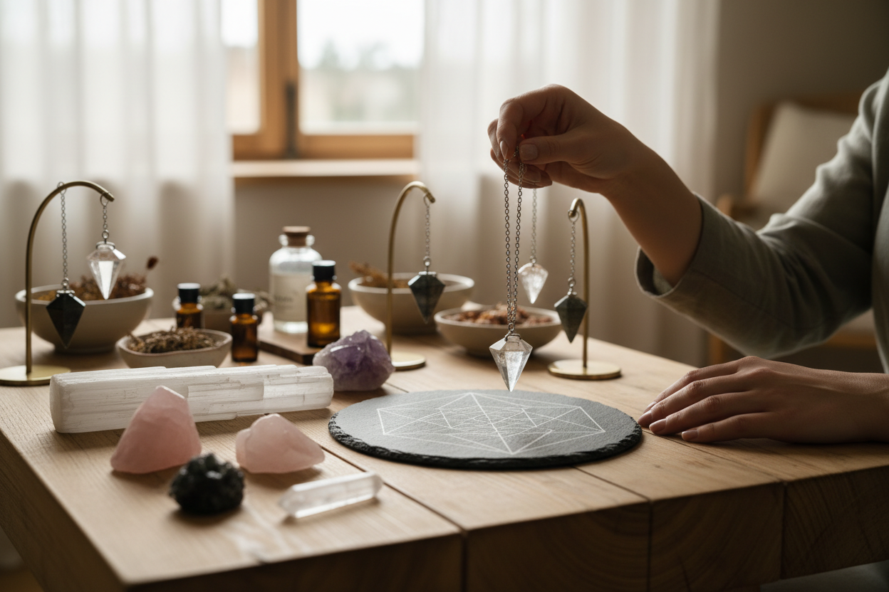 Overzicht van de pendelworkshop-pagina met voorbeeldpendel en stap-voor-stap tekst