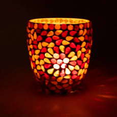 Mosaic Candle Holder Red/Yellow - Handmade Glass 10 cm