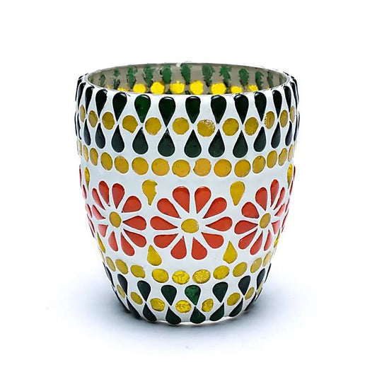 Handgemaakte glas mozaïek kaarshouder in groen/geel, 10 cm
