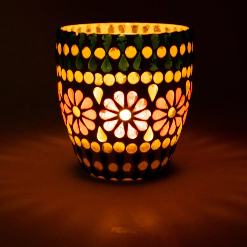 Mosaic Candle Holder Green/Yellow - Handmade Glass 10 cm