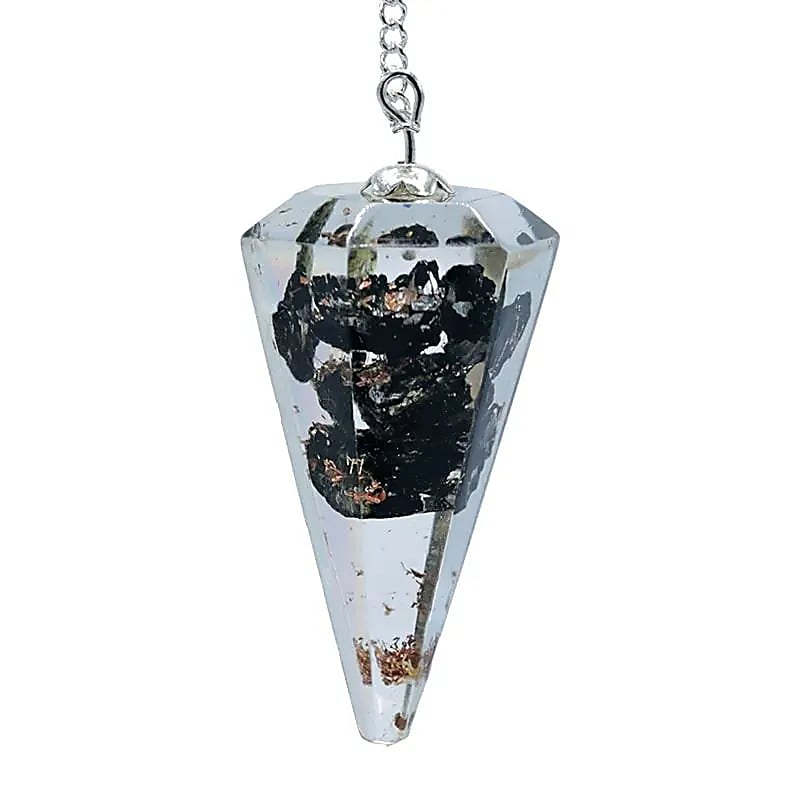 Orgoniet pendel met zwarte toermalijn bol en metalen spiraal