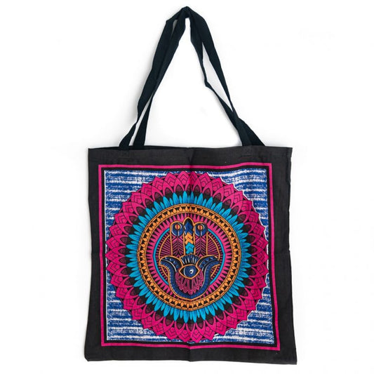 Zwarte tote tas met mandala en hamsa hand print, 45 cm