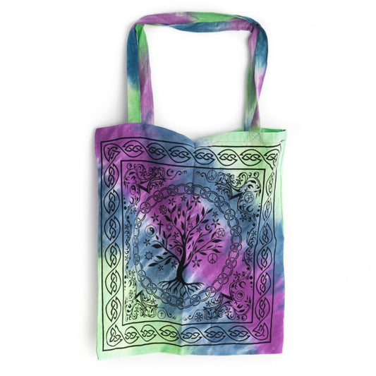 Tie-dye regenboog tote tas met levensboom print, 45 cm