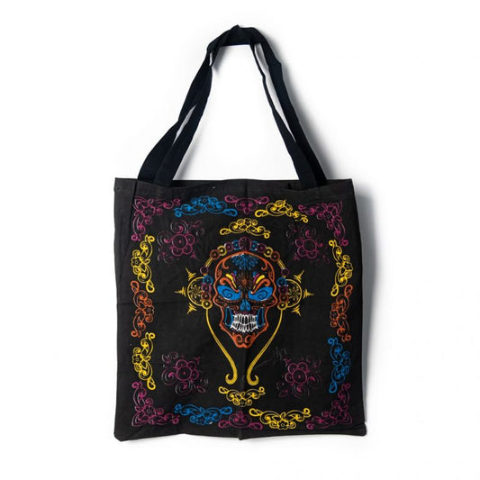 Zwarte gothic tote tas met schedel en hoofdtelefoon zak, 45 cm