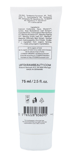 Urtekram Whitening tandpasta Fresh Mint tube 75ml - biologische fluoridevrije whitening tandpasta met wilgenberkextract en natuurlijke muntsmaak